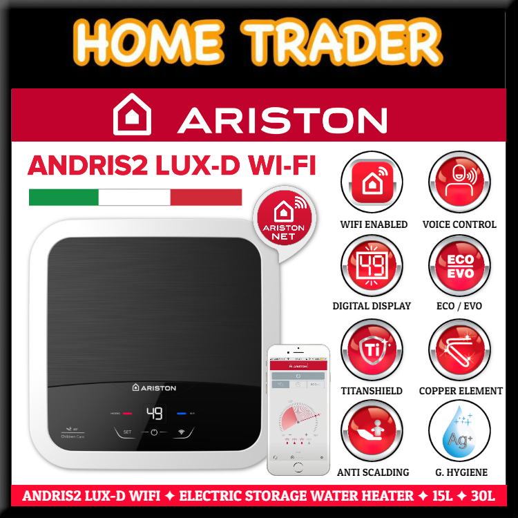 ARISTON ✦ ELECTRIC STORAGE WATER HEATER ✦ ANDRIS2 TOP WIFI ✦ 30L CAPACITY |  Lazada Singapore