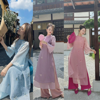 Bộ áo dài cách tân 4 tà tơ thêu mềm mại cổ tròn tay lỡ phối nơ, áo dài cách tân mẫu mới đẹp, áo dài cách tân mặc tết