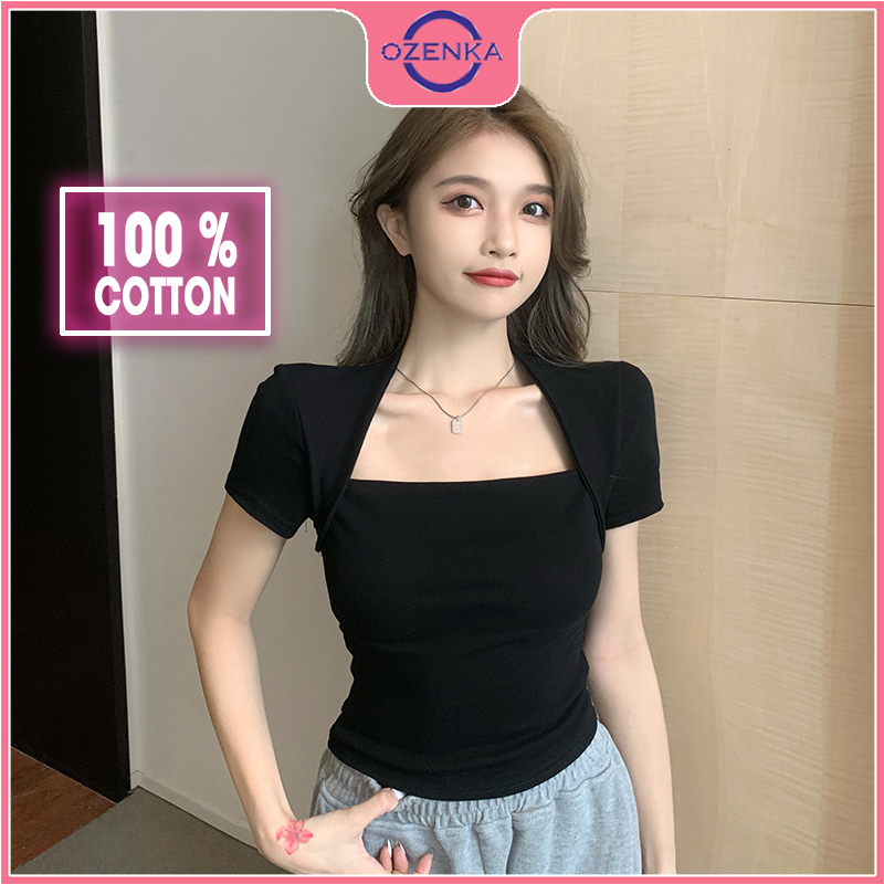Áo croptop cổ vuông ôm tay ngắn nữ OZENKA , áo thun crt ngắn màu đen trắng đẹp mặc hè 2022 free size dưới 50kg