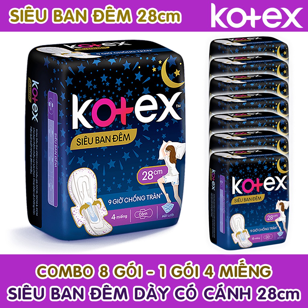 Combo 8 gói Băng vệ sinh ban đêm Kotex 28cm