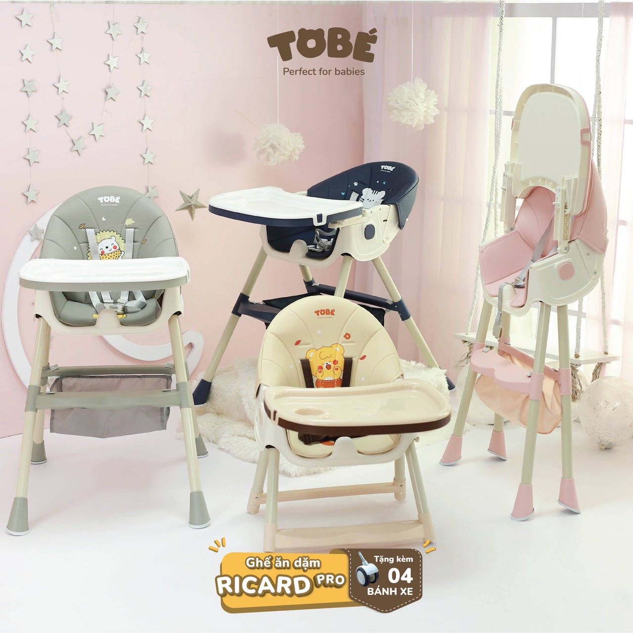 Ghế Ăn Dặm Ricard Phiên Bản Pro- Ghế chính hãng siêu tiện lợi và an toàn cho bé trên 6 tháng tuổi- Tặng kèm 4 bánh xe