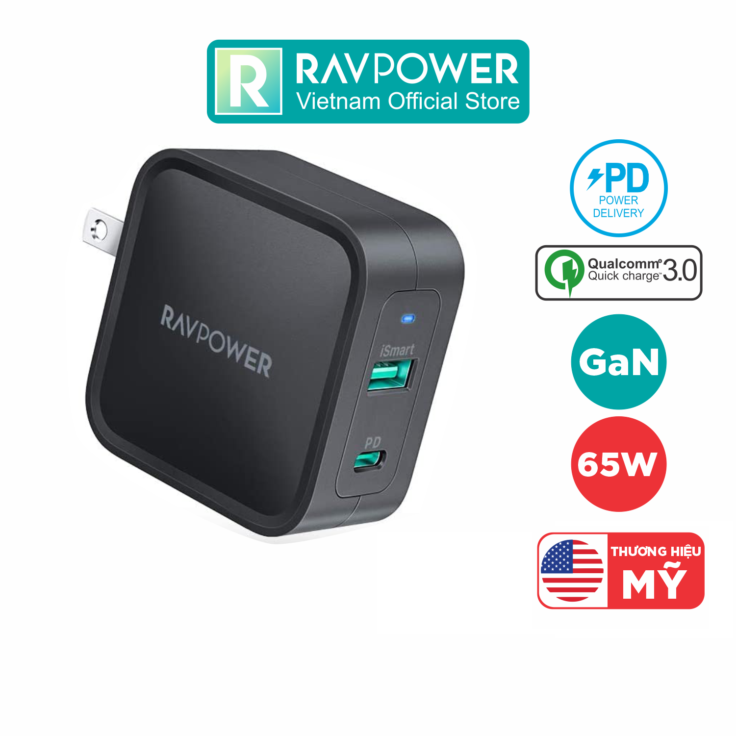 Củ sạc nhanh ravpower rp-cpcn002 2 cổng pd 3.0 ismart 65w gan tech