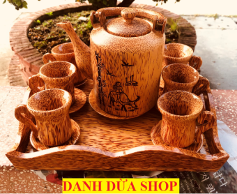 Bộ ấm trà gỗ dừa cao cấp - ấm khắc Laser - (HÀNG LOẠI 1) - mỹ nghệ gỗ dừa Bến Tre