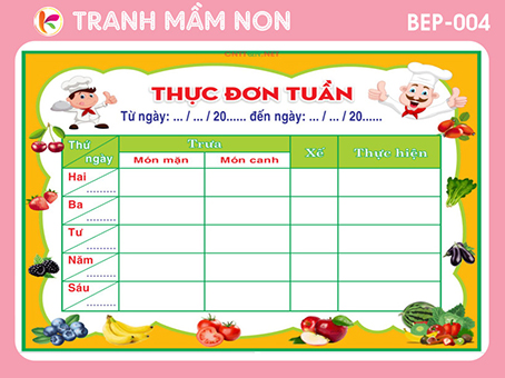 Decal mầm non - bảng thực đơn bep-004