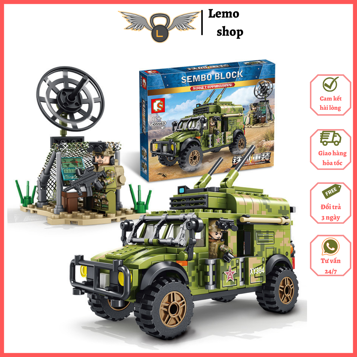 Đồ chơi lắp ráp Xe Jeep Quân Sự Humvee Quân sự bọc thép - xếp hình Sembo Block 105563 gồm 303 chi tiết siêu đẹp