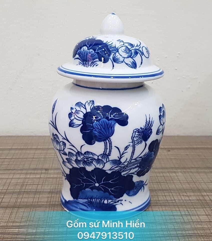 Chóe thờ men lam rồng, sen xanh lam cao 12cm