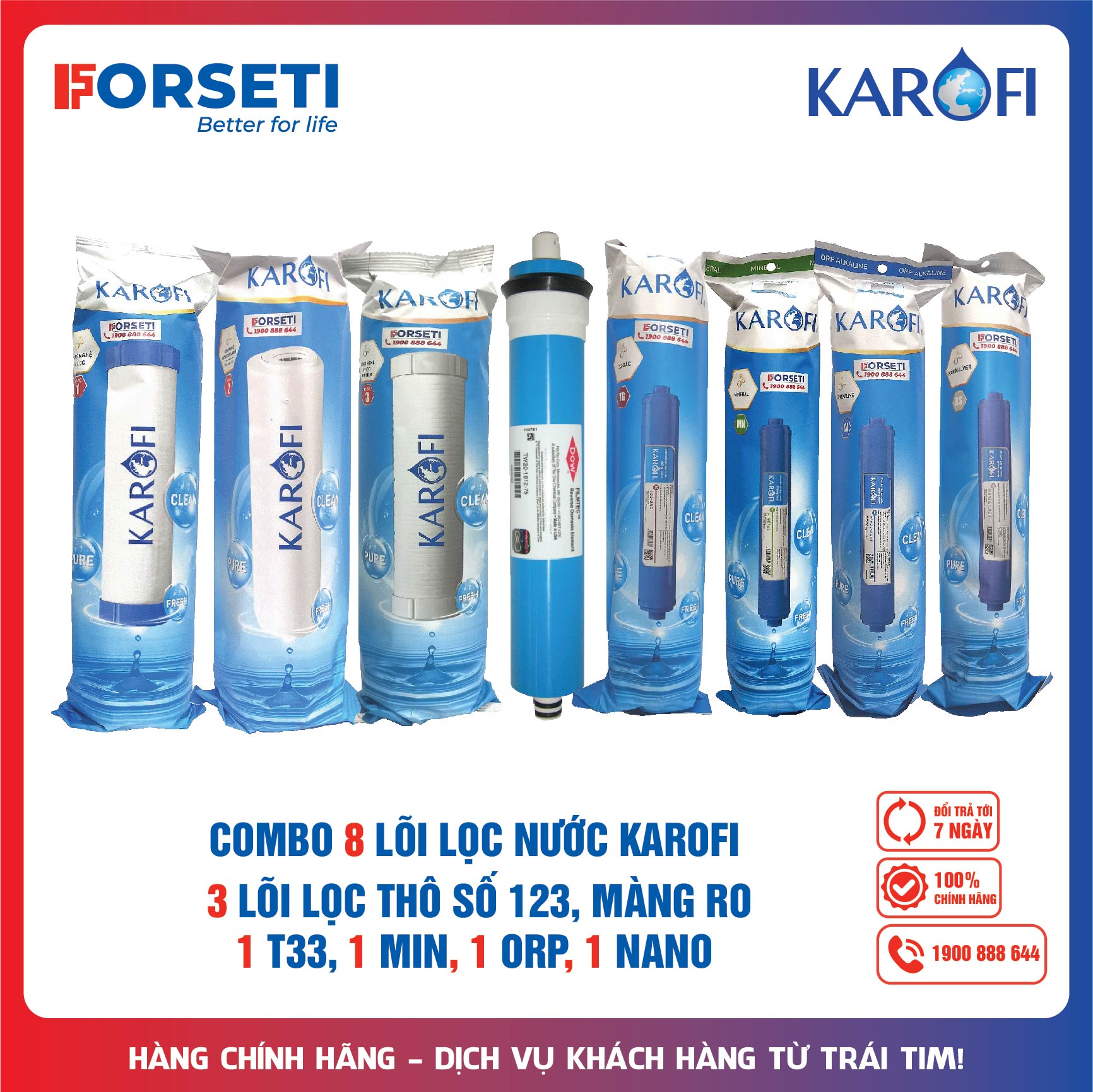 Combo trọn bộ 8 lõi lọc nước karofi cho máy lọc nước ro karofi - tặng dây ro và cút t