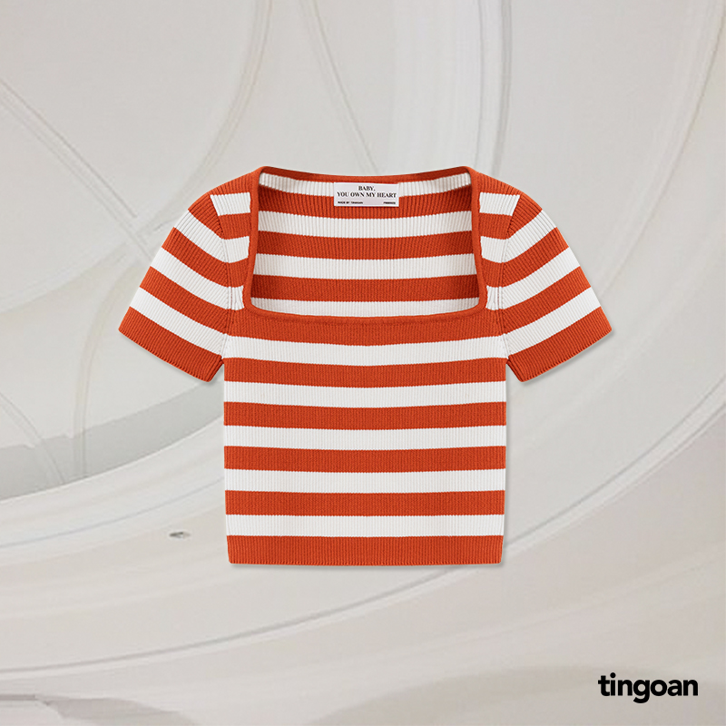 [DUY NHẤT 15-17.10 - MUA 3 GIẢM THÊM 15%] TINGOAN® - Áo len crop lửng ngắn tay cổ vuông kẻ trắng cam BORA BORA TOP/OR