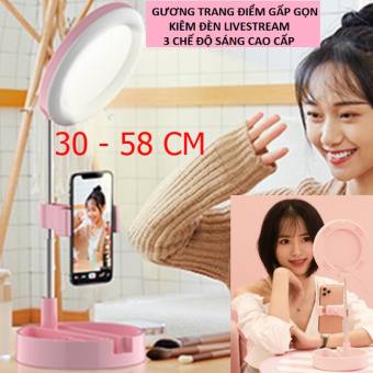 Gương trang điểm để bàn phấn có đèn led sạc kính tròn makeup kiêm Đèn livestream để bàn 30 -58 cm kẹp điện thoại có đèn hỗ trợ 3 chế độ sáng, quay tiktok, bán hàng [MÀU HỒNG]