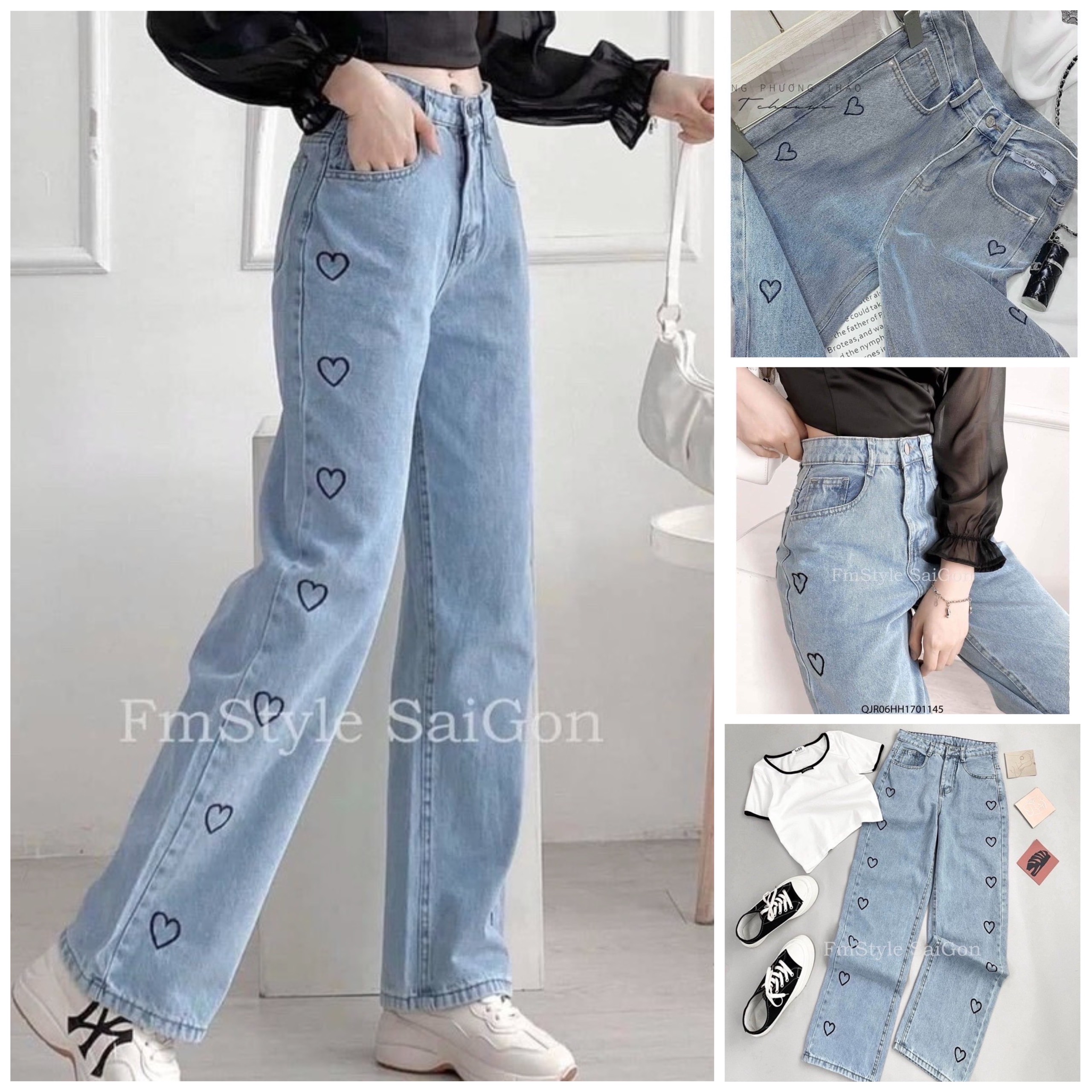 (cam kết như hình-kèm ảnh thật) Quần jean ống rộng nữ lưng cao mẫu thêu tim , quần baggy jean nữ màu đen , quần jean dài nữ chất vải dày mịn cao cấp xưởng jean minh huyền