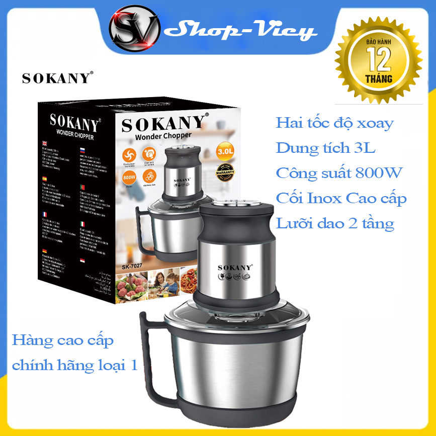Máy Xay Thịt Đa Năng SOKANY SK-7027 - Máy Xay Thịt Công Suất Lớn 800W, Dung Tích 3L, Lưỡi Dao 2 Tầng Sắc Bén - Cối Xay Thịt Inox Hàng Nhập Khẩu Bảo Hành 12 Tháng