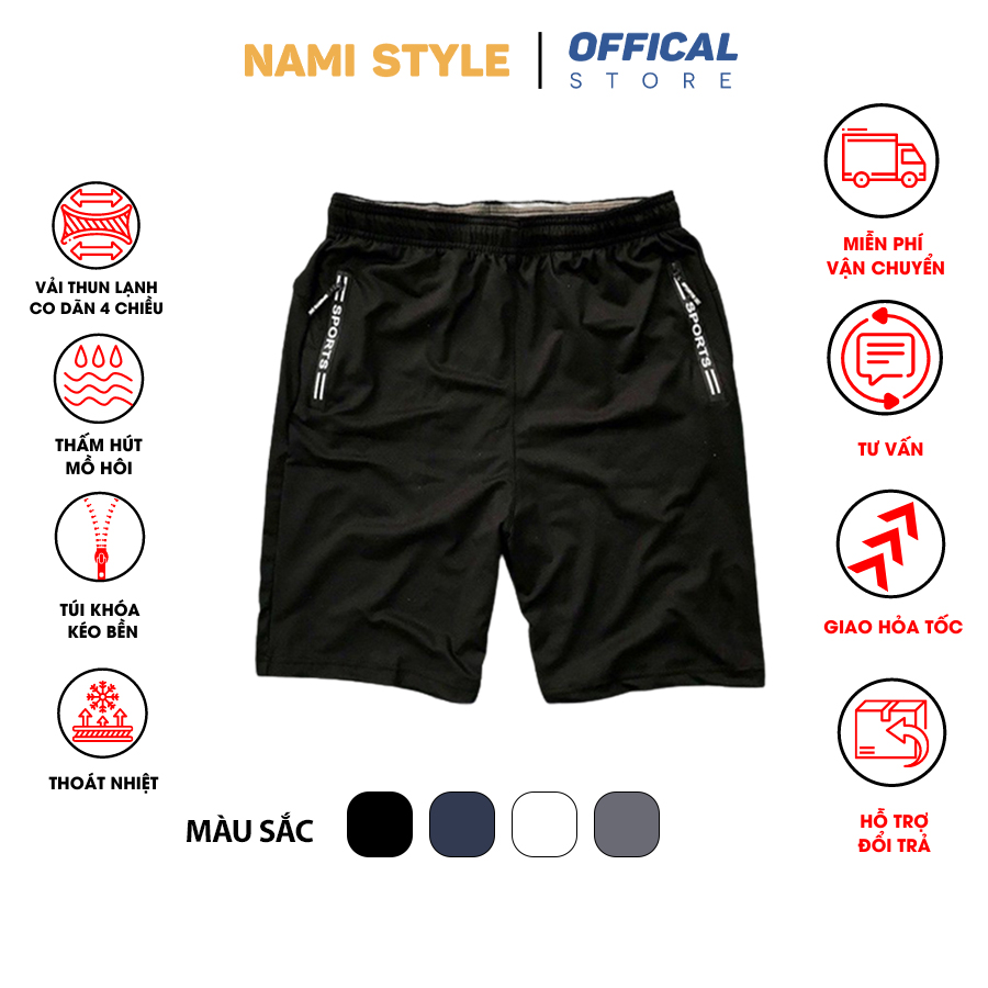 (Freeship) Quần short thể thao 2 túi kéo khoá vải thun lạnh dày đẹp 4 màu size từ 45-90kg-QSTT5