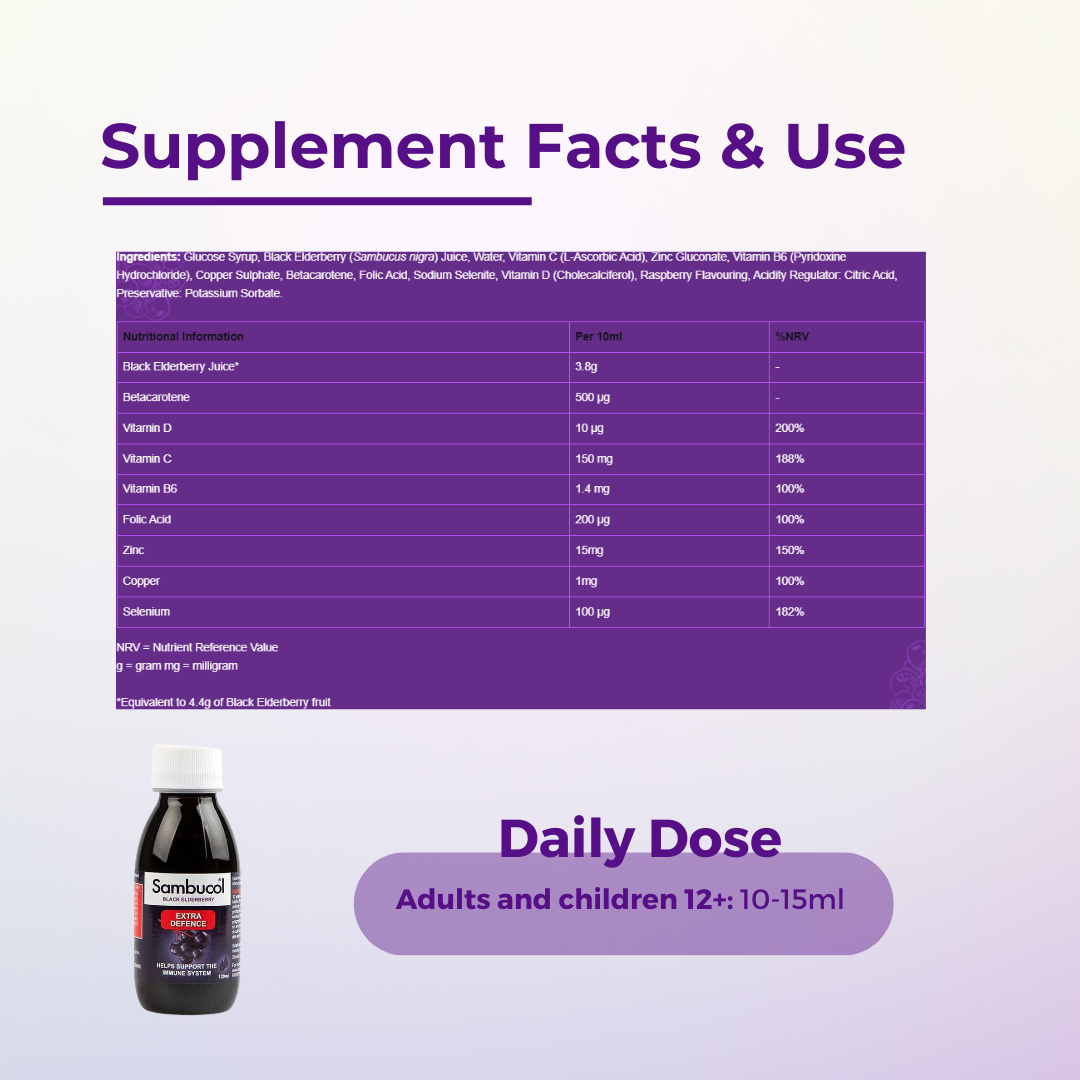 Sambucol Extra Defence Liquid, EXTRA Vitamin C, Zinc, Vitamins & Minerals, 120ml,  Supplement Facts and Use
