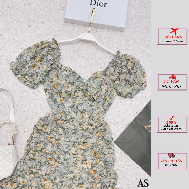 Váy voan hoa nhún váy ôm body nhún bèo 2 lớp cổ vuông tay phồng có lót ngực váy hoa màu xanh váy hoa xinh Hayday shop