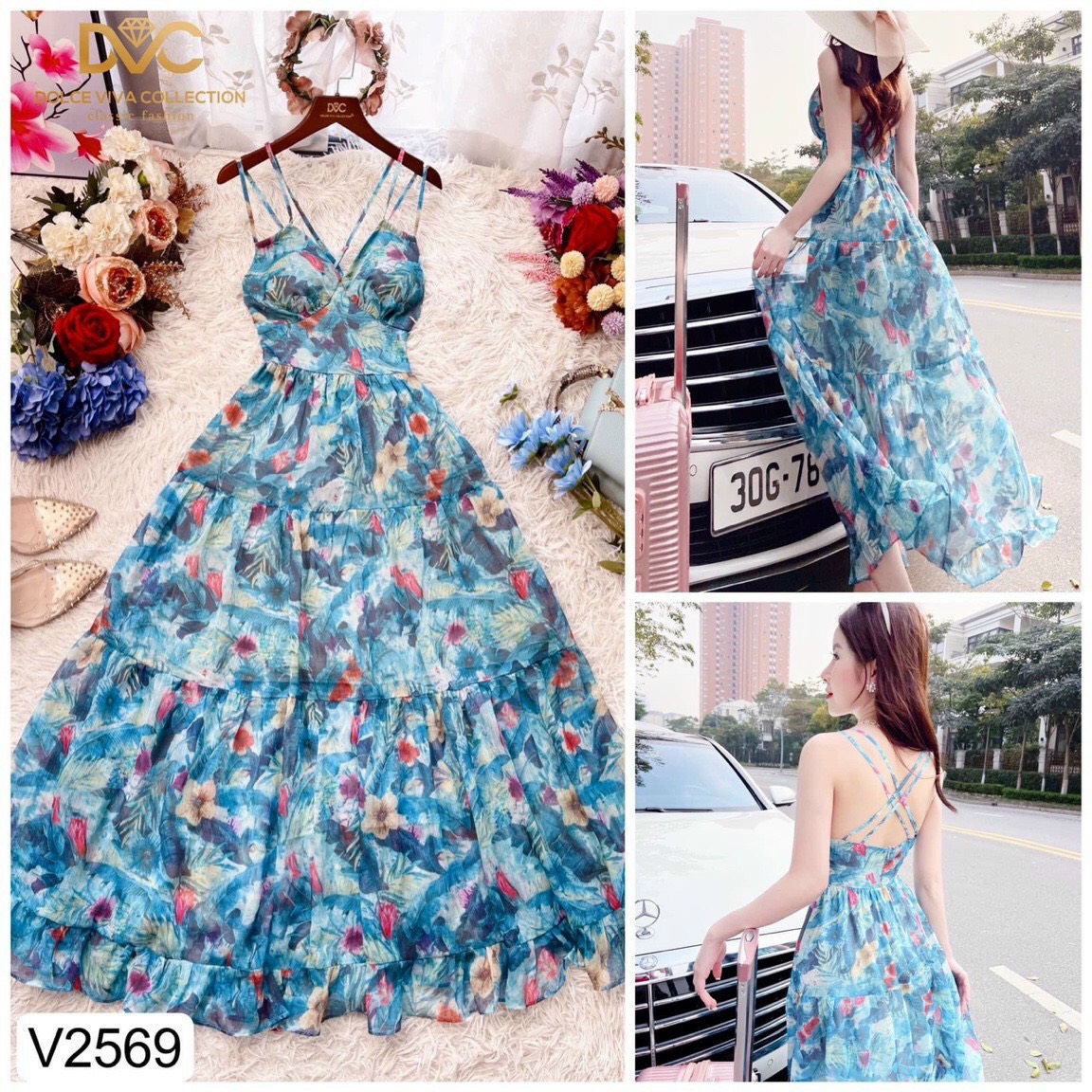 Đầm maxi hai dây hoa lụa phối tầng đi biển cực xinh hhp43