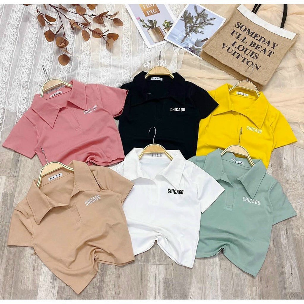 Áo Croptop Thun Cổ Trụ Ngắn Tay Kèm In Chữ CHICAGO Dễ Thương TTSLA0733