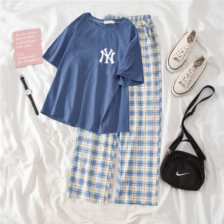 Sét Áo phông Logo N..Y + quần karo xanh, Áo Thun From rộng mặc cho nam và nữ, áo kiểu, chất đẹp, rộng rãi thoải mái, Quần suông ống rộng, Quần kẻ, Sét bộ mặc ở nhà - MIMOSA