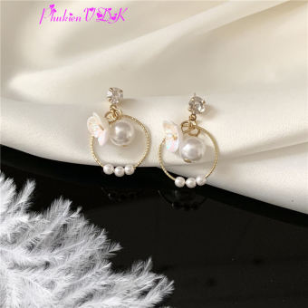 Bông tai kim bạc vòng tròn gắn hoa và hạt