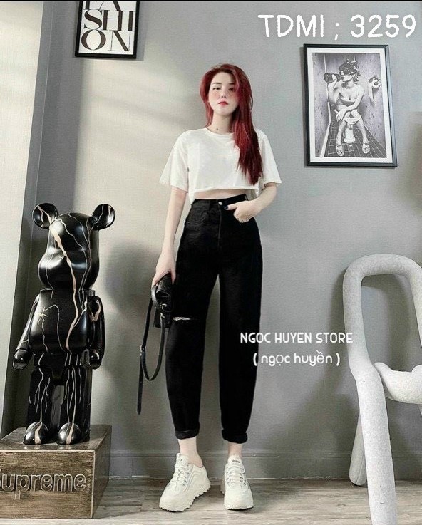 Quần bò baggy nữ cạp cao rách kiểu cá tính - chất jean dày dặn siêu đẹp - Quần Bò Cạp Cao