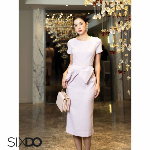 Đầm hồng thô dáng bút chì phối nơ eo SIXDO (Light Pink Midi Raw Dress With  Bow) - Đầm, váy nữ