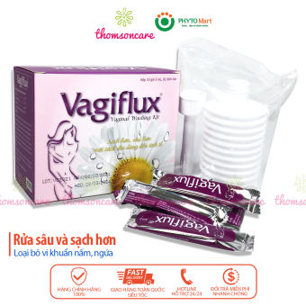 Vagiflux Muối rửa vệ sinh phụ nữ kèm chai thụt rửa, dung dịch vệ sinh rửa phụ khoa sâu, Hộp 10 gói muối và 1 bình