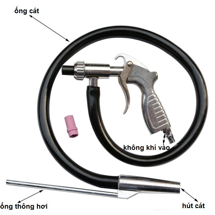 Dụng cụ phun cát cầm tay dùng khí nén, Máy phun cát làm sạch gỉ sét có dây giá rẻ, chất lượng, Bộ phun cát tự hút không cần bình hút gắn vào