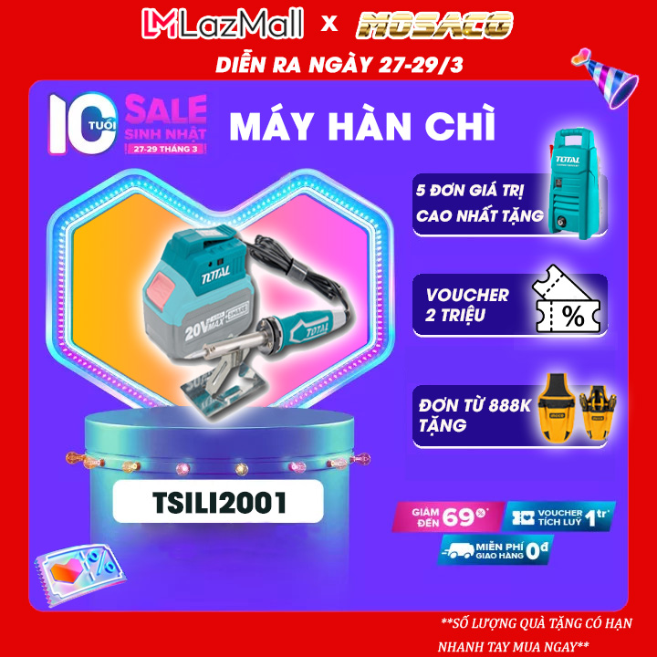 Máy hàn chì dùng pin lithium total tsili2001 công suất 400w. thiết bị hàn điện thế 20v, công suất 40w, thời gian làm nóng 3-5 phút, không bao gồm pin và sạc - mosaco