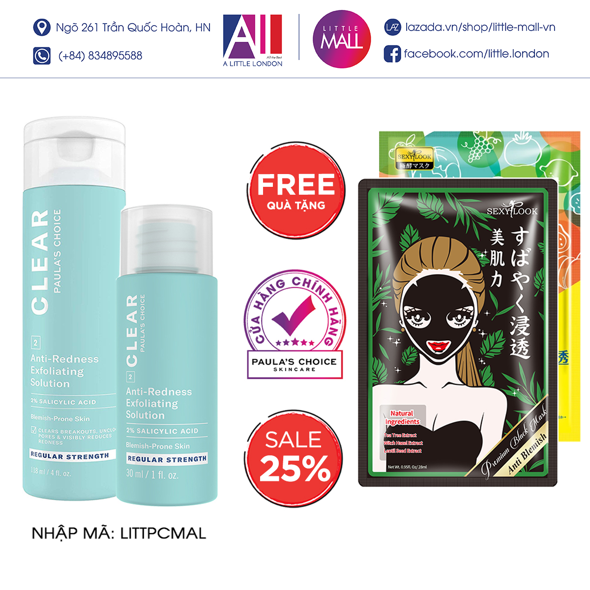 Tinh chất giảm mụn 2% BHA Paula's Choice clear regular strength anti - redness exfoliating solution TẶNG mặt nạ Sexylook