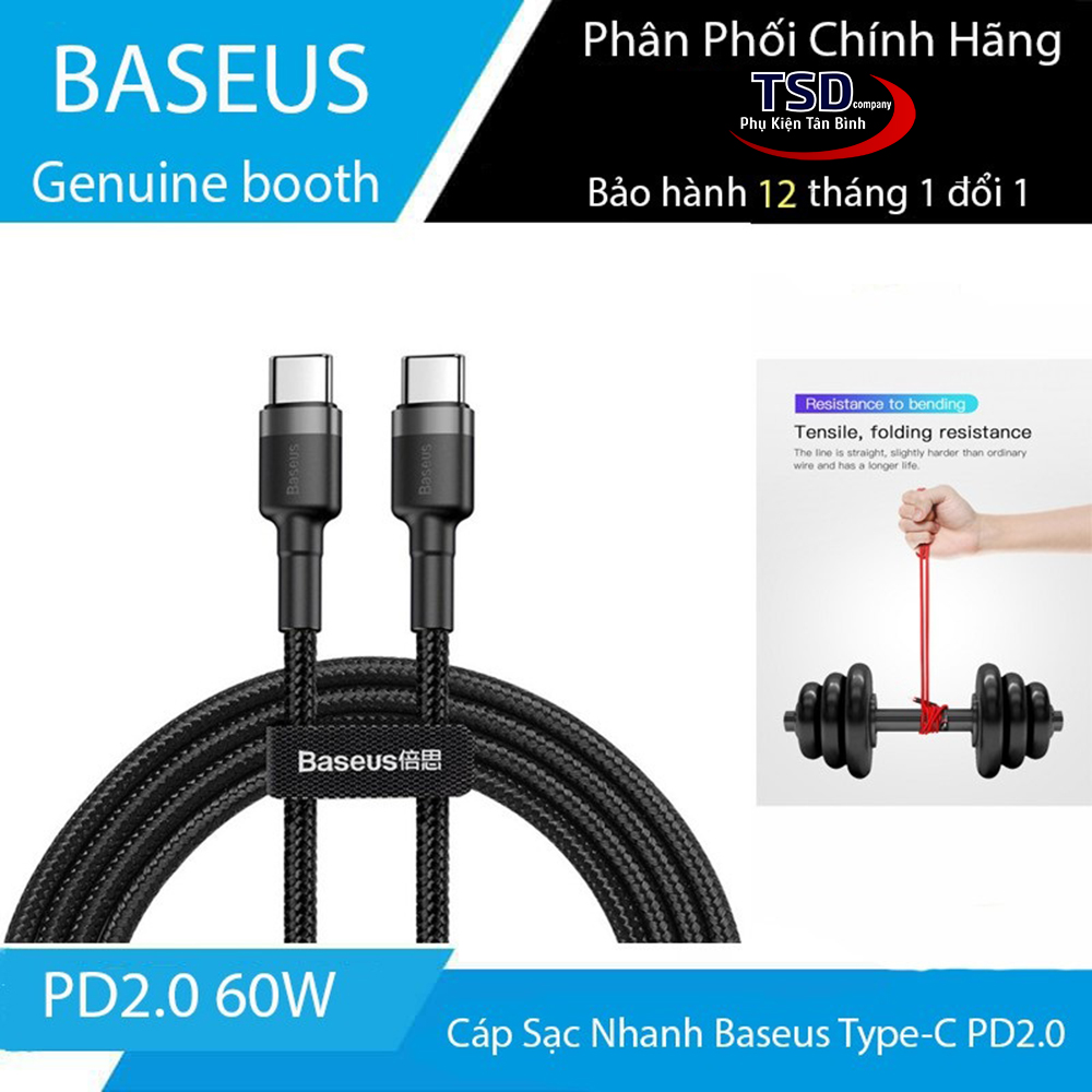 Cáp sạc nhanh type c to type c pd 2.0 60w dài 2m chính hãng baseus