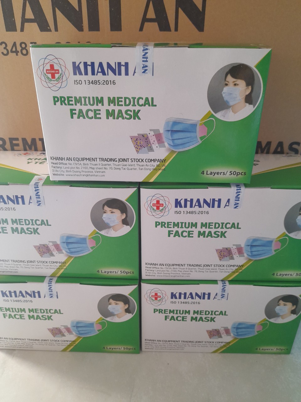 {HỘP TẶNG THÊM 5 CÁI} COMBO 5 HỘP, HỘP 50 CÁI KHẨU TRANG KHÁNH AN 4 LỚP KHÁNG KHUẨN (MÀU XANH)