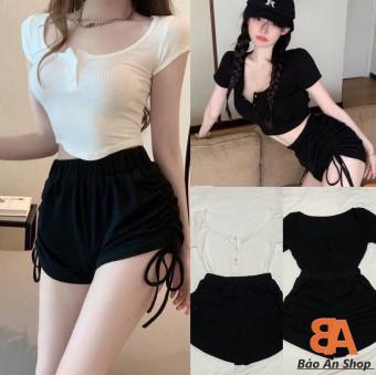 Set bộ nữ áo croptop gân tay ngắn + quần rút dây đùi lưng thun