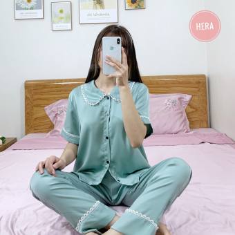 Đồ Bộ Pijama Nữ Tay Ngắn Tiểu Thư Lụa Ngọc Trai Cao Cấp Phối Ren  , Bộ Đồ Ngủ Cho Nữ Tay Cộc Quần Dài ,Sét Bộ Ngủ Nữ Đẹp Giá Rẻ ,Bộ Ngủ Mặc Nhà Cho Nữ Dưới 58kg
