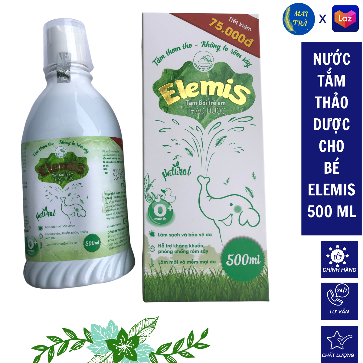 [Chai to 500ml tiết kiệm 75.000đ] Nước tắm thảo dược cho bé Elemis, ngừa rôm sảy mụn nhọt, tắm không cần tráng, thơm mùi tinh dầu bảo vệ bé suốt 24h