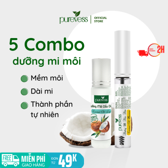Dưỡng mi Purevess - dầu dừa dưỡng mi - dưỡng môi dầu dừa. Combo 5 bộ