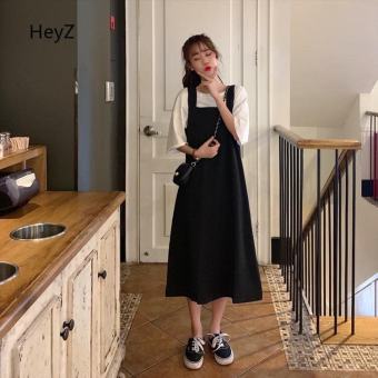 SÉT VÁY YẾM ĐEN KÈM ÁO PHÔNG TRẮNG TAY LỠ THỜI TRANG HÀN QUỐC, TUỆ LÂM. BỘ VÁY YẾM ÁO THUN DÁNG RÔNG, YẾM VÁY NỮ DÁNG DÀI, SÉT BỘ NỮ, SÉT ĐẦM NỮ