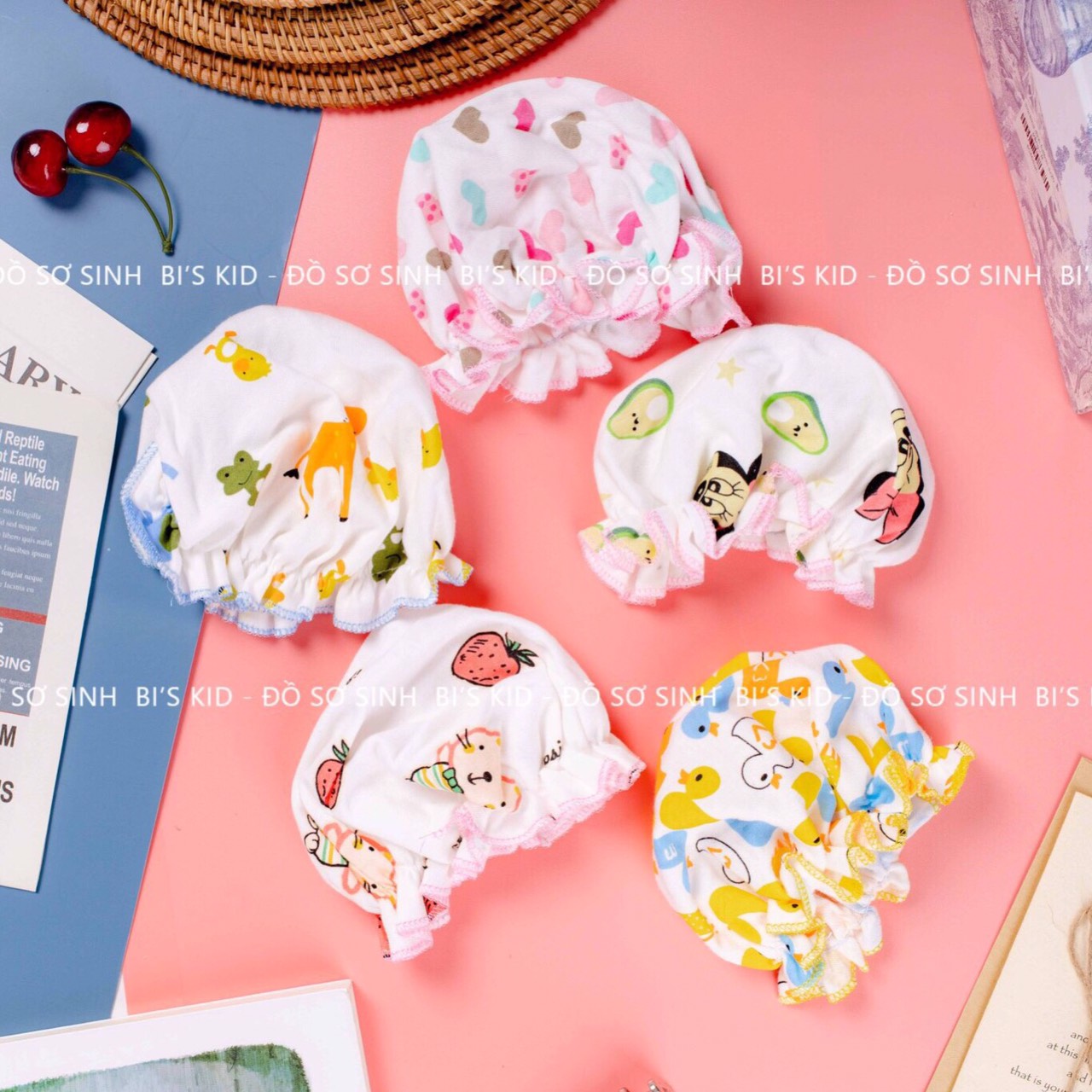 Mũ tai bèo cotton co dãn cho bé sơ sinh 0-3m
