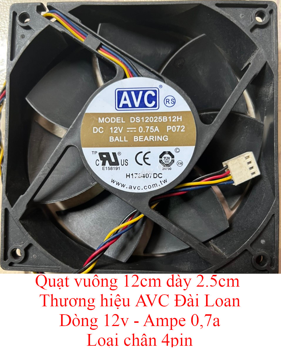 Fan quạt 12cm vuông dày 2.5cm tản nhiệt máy tính hiệu avc, delta, nmb dòng điện 12v, hàng tháo máy server