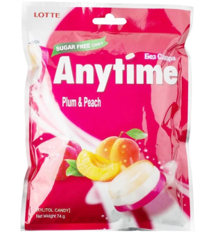 Kẹo Ngậm Hàn Quốc Không Đường Hương Mận Đào Lotte Anytime Xylitol Plum & Peach  (Gói 74g)