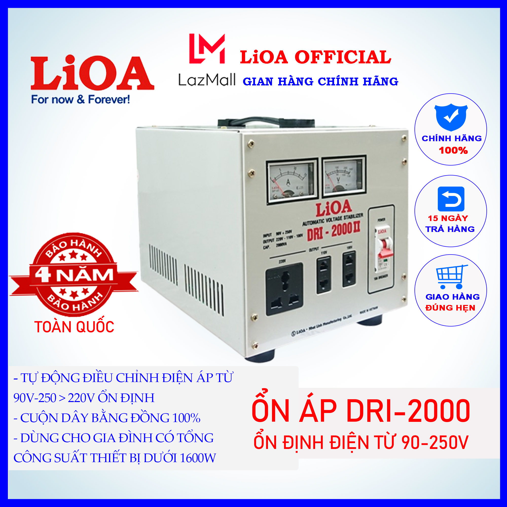 Ổn áp lioa dri-2000ii tự động điều chỉnh điện áp từ 90v-250v thành điện 220v, công suất 1600w, cuộn dây bằng đồng 100%