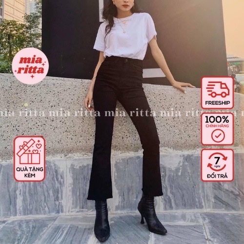 Jeans loe đen trơn 9 tấc - Quần jean nữ lưng cao ống loe J453