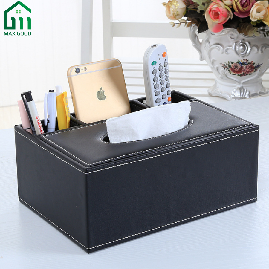Hộp đựng giấy ăn bọc da kèm khay để điều khiển, điện thoại, bút tiện dụng sang trọng