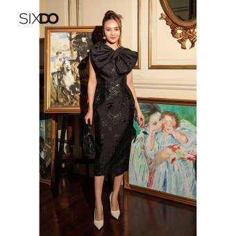 Đầm gấm đen phối nơ cổ SIXDO (Black Bowtie Midi Brocade Dress)