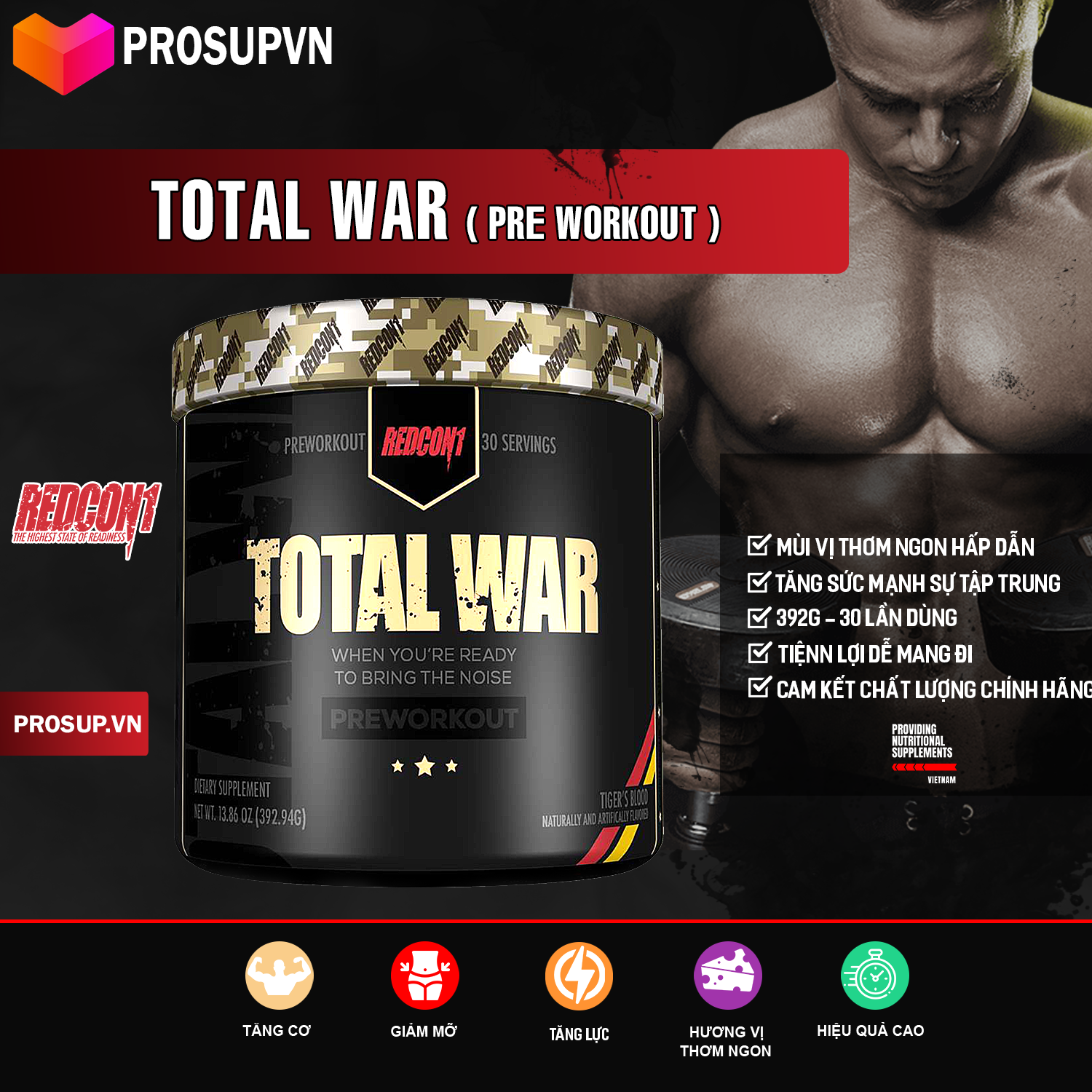 Redcon1 Total War - - Pre Workout - Bột tăng sức mạnh, tỉnh táo, tập trung tập luyện