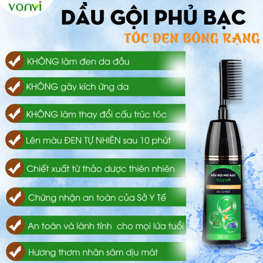 Dầu gội phủ bạc đen tóc VONVI sau 10 phút với thiết kế lược chải 200ml