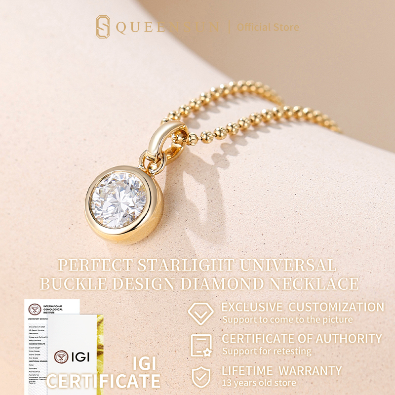 Queensun﻿ IGI 1Carats 18k Gold Lab Diamond Round Bezel Set Solitaire Pendant Necklace | Lab Diamond Solitaire Necklace | Minimalist Gold Bead Chain | Daily Wear Dainty Pendant | Sparkling Simple Jewelry |   18K 金培育钻石珠链圆形吊坠项链 简约包镶轻奢设计 日常/通勤百搭高级感饰品