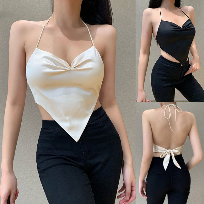Áo yếm 2 dây kèm mút ngực bigsize dáng ngắn croptop hở lưng cá tính chất lụa satin áo kiểu nữ hàn quốc "yếm lụa"