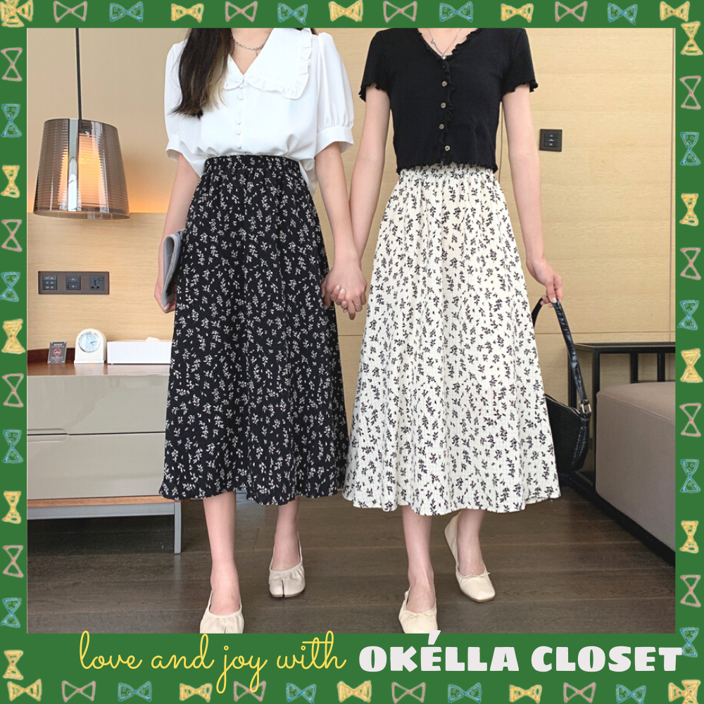 Chân váy hoa Vintage chiffon hàng loại đẹp dày dặn 2 lớp-Chân váy hoa nhí dáng dài Okella CV008