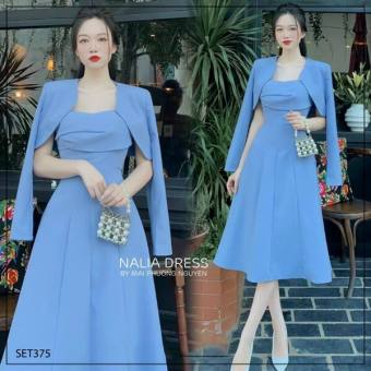 Váy Đám Mây Tình Đầu Váy Liền Mẫu Dài Kèm khoác Vừa Nữ Váy Liền Xếp Ly Kiểu Pháp Tay Ngắn Cổ Tròn Mẫu Mới 2023