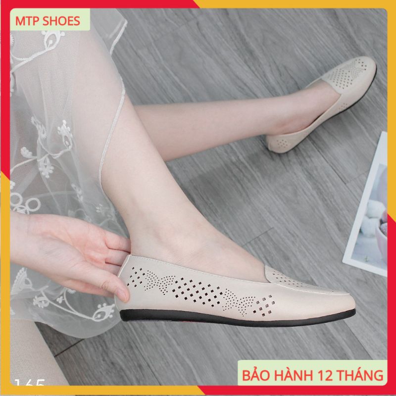 Giày lười nữ slip-on da bò siêu mềm đục lỗ thoáng mát