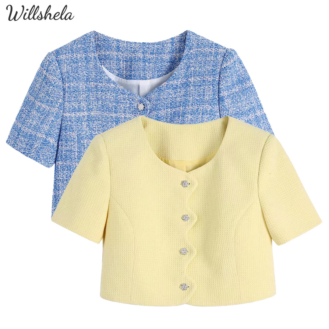 Willshela Áo Khoác Trơn Thời Trang Xuân Hè Cho Nữ Áo Khoác Trang Phục Phong Cách Hàn Quốc Ngọt Ngào Quý Cô Thanh Lịch Tay Ngắn Cổ Tròn